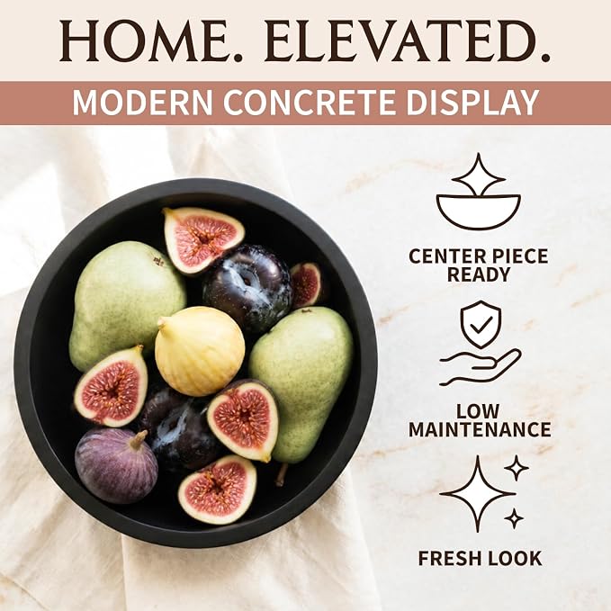 Concrete Fruit Bowl – Large Decorative Pedestal Bowl for Kitchen Counter, Entryway, or Coffee Table – Modern Catch – All Key Bowl – Heavyweight Centerpiece for Home Decor (Black)