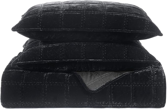 HiEnd Accent Stella Faux Silk Velvet Double Box Stitch 3 Piece Quilt Set, King Size, Black Solid Color, Classic Chic Modern Rustic Elegant Bedding Set, Lightweight Bed Set
