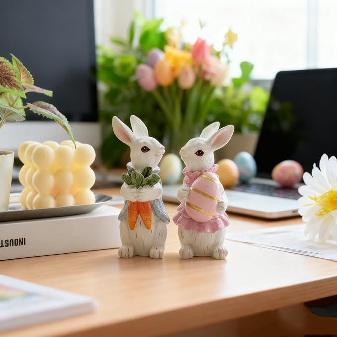Easter Decorations for Home - 2pcs Resin White Easter Bunny - Small Bunny Statues Figurines Decor for Indoor Table Centerpieces Decorations Tiered Tray,Tabletop - Spring Decor Rabbit 4.33 inch Tall