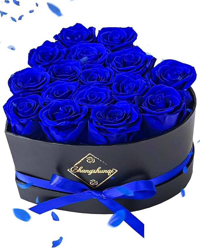 Changshunqi 16 Flowers Forever Preserved Roses in Box, Forever Flowers Womens Birthday Gifts for Women Mothers Blue Rose Gift for Her Romantic Eternal Real Rose for Women Mom Wife