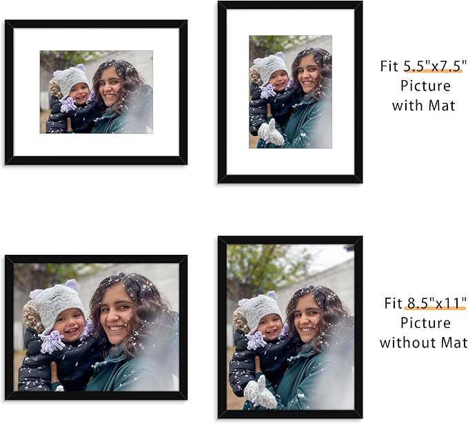 Picrit 8.5x11 Picture Frame Set of 12, Display 6x8 with Mat or 8.5 x 11 without Mat, Photo Frames for Wall Mounting or Table Top Display, Black