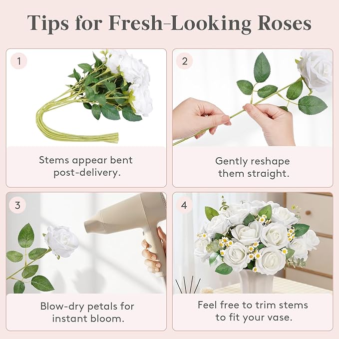 Lifewit Classic White Artificial Roses Flowers, Faux Long Stem Silk Roses Bulky for DIY Wedding Bouquets Decoration, Centerpieces Arrangements, Velentine,10 Pcs