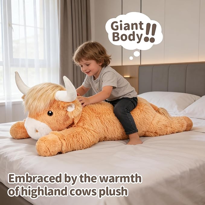 39 Inch Giant Highland Cow Stuffed Animal, Big Cattle Plushie Toy for Kids & Adults, Fluffy Large Size Stuffed Cow Hugging Pillow Gifts for Birthday (Yellow)