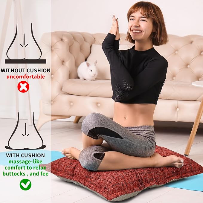 SINSOSSO Large Floor Pillows 22", Thickened Bite-Size Memory Foam Square Non-Slip Cushions for Office Back Support/Yoga/Chair Seat, Fashionable Color-Blocked Fabric & Washable, Red, 2 PCS