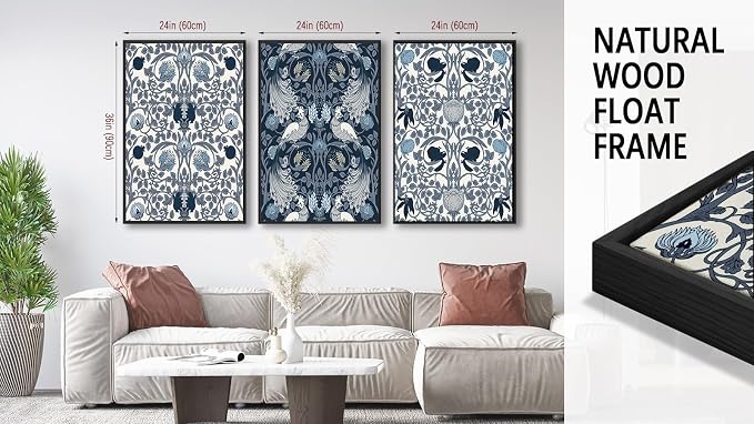 Large Framed Canvas Wall Art - Navy Blue Pictures William Morris Style for Living Room Boho Prints Bird Flower Wall Decor for Bedroom Dining Room Black Float Frame 24" X 36" X 3 Pieces