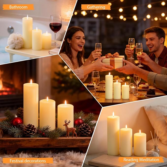 6-Pack Ivory Pillar Candles Bulk Set - Assorted 3 Sizes (3, 4, 6 Inch, 2 Each), Long-Lasting Dripless, Unscented & Smokeless Hurricane Candles for Wedding, Dinner Party & Romantic Atmosphere.
