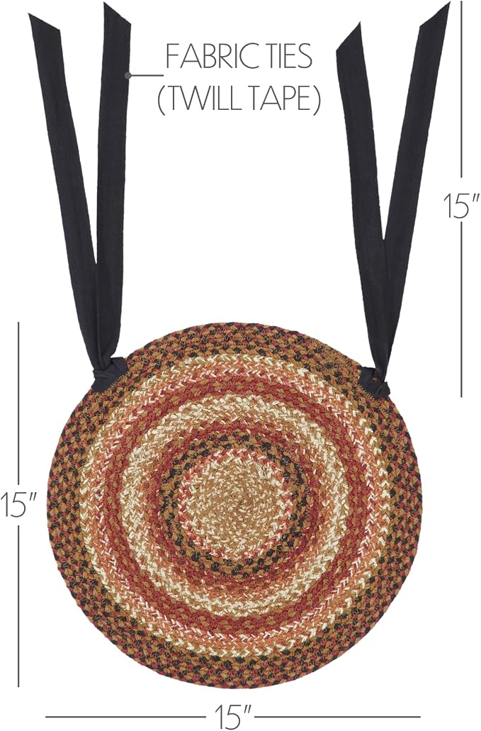 VHC Brands Ginger Spice Round Seat Cushion Chair Pad, Orange Red Natural, Jute Blend with Ties, 15x15 Inches