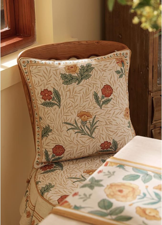 patdrea Vintage Linen Throw Pillow Cover,18"x18",Set of 2-RosaSilvestre A | French Decorative Pillow Case with Zipper,Yellow Floral Pattern,Cushion Coverfor Couch Living Room Bedroom
