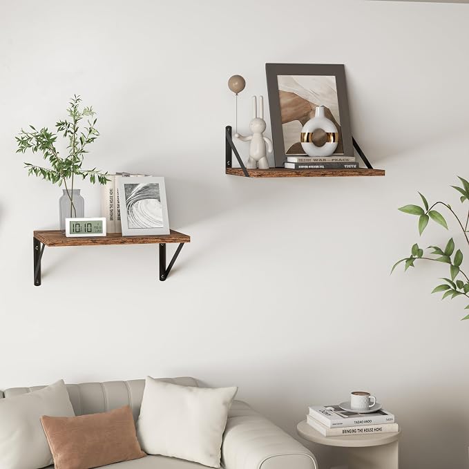 Heimlove Deep Floating Shelves for Wall, 20W x 12D Wood Wall Shelves Set of 2, Wide Floating Bookshelf for Living Room, Kitchen, Office, Bedroom and Decor Storage, with Metal Bracket - Rustic Brown