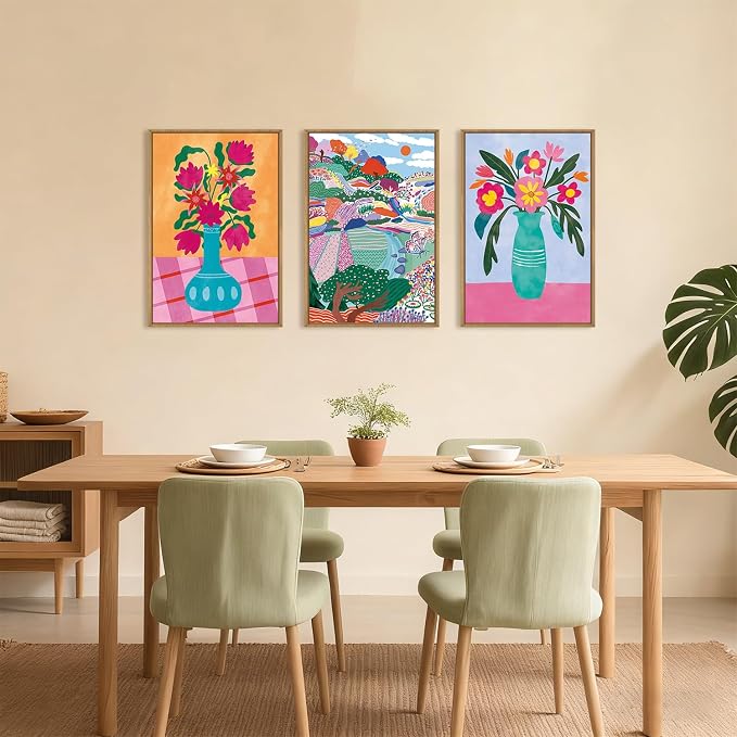 HOURIA Spring Colorful Flower Field Landscape Framed Canvas Wall Art Set,Abstract Pink Floral Vase Wall Decor,Natural Botanical Tree Artwork,Modern Sunrise Art Prints for Living Room,Farmhouse-24"x36"x3