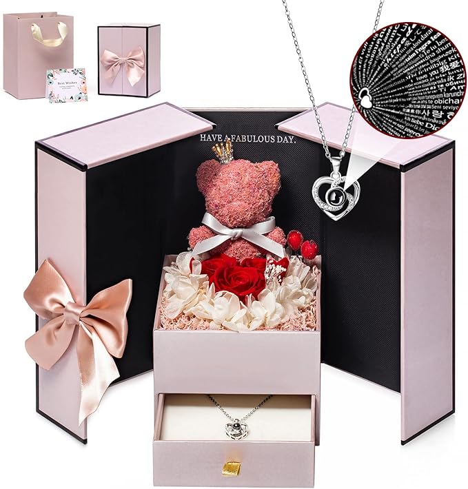 Gifts for Mom Wife Women Preserved Real Red Rose with Heart ”I Love You“100 Languags Necklace&Cute Bear Birthday Gift Box for Mama Girlfriend Wife Her Grandma Anniversary Valentines Day