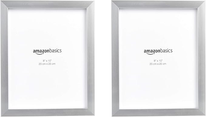 Amazon Basics Rectangular Photo Picture Frame Set, 8" x 10", Wall Hanging or Tabletop Display, Real Glass, Nickel, 2-Pack