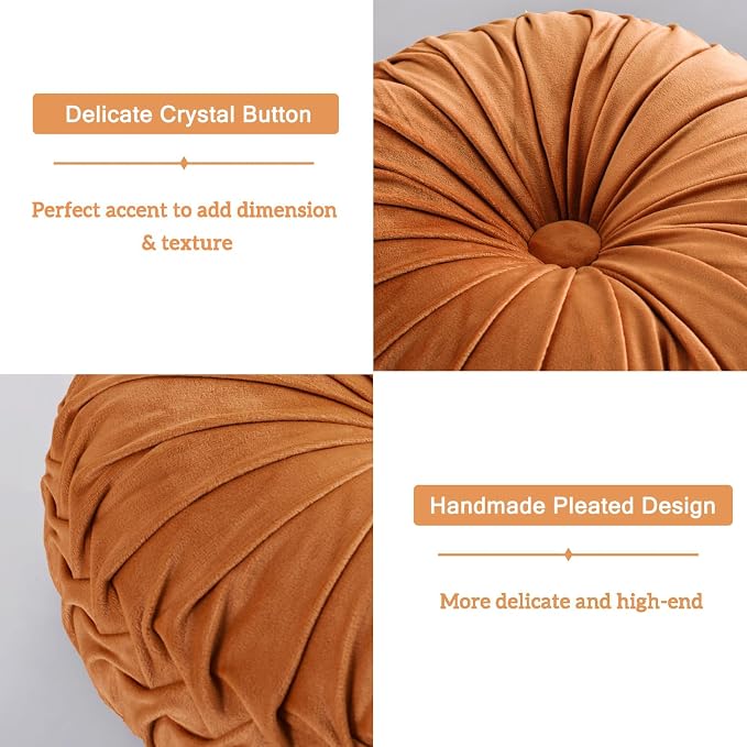 HIG Set of 2 Decorative Round Pleated Throw Pillows, Classy Accent Pumpkin Throw Pillows with Center Button, Vintage Velvet Floor Pillows for Sofa Vanity Chair Bed, Rust, 14.5" Diameter(Ripple)