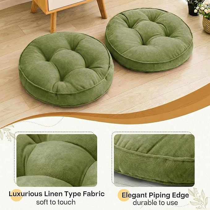 1 MIDDLE ONE Floor Pillow Set of 2, Memory Foam Floor Cushions for Adults, Large Meditation Pillow for Sitting, 22 x 22 Inches (Round | Green)