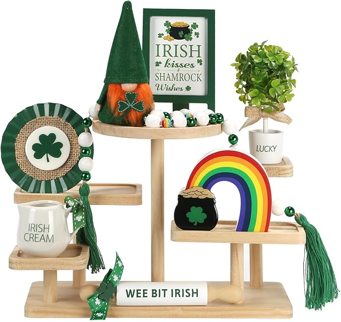 St Patrick's Day Decoration 8 PCS Tiered Tray Decor Set, Cute Tabletop Saint Patty's Day Décor for Home Shelf Mantel Office Table Coffee Bar Leprechaun Gnome Shamrock Irish Tray Objects