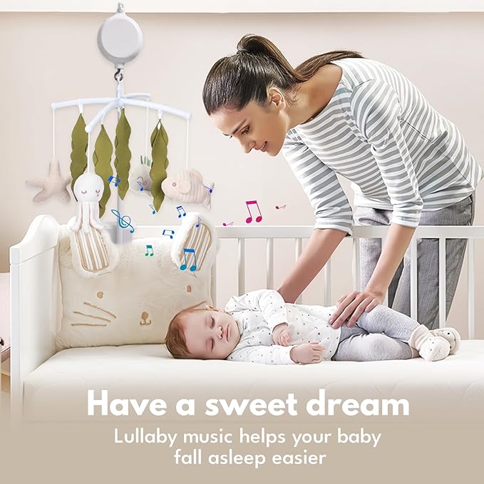 Crib Mobile 35 Lullaby Music,Cotton Baby Mobiles for Cribs & Pack N Play, Easy to Install, Stuffed Animals Hanging Toys Newborn Boys & Girls, Ocean Nursery Decor