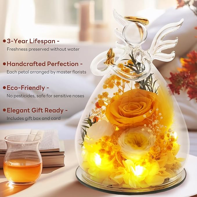 Yellow Preserved Rose Angel Figurine, Thank You Gifts for Female Coworker Teacher Nurse, Real Flower Friendship Farewell Birthday Presents