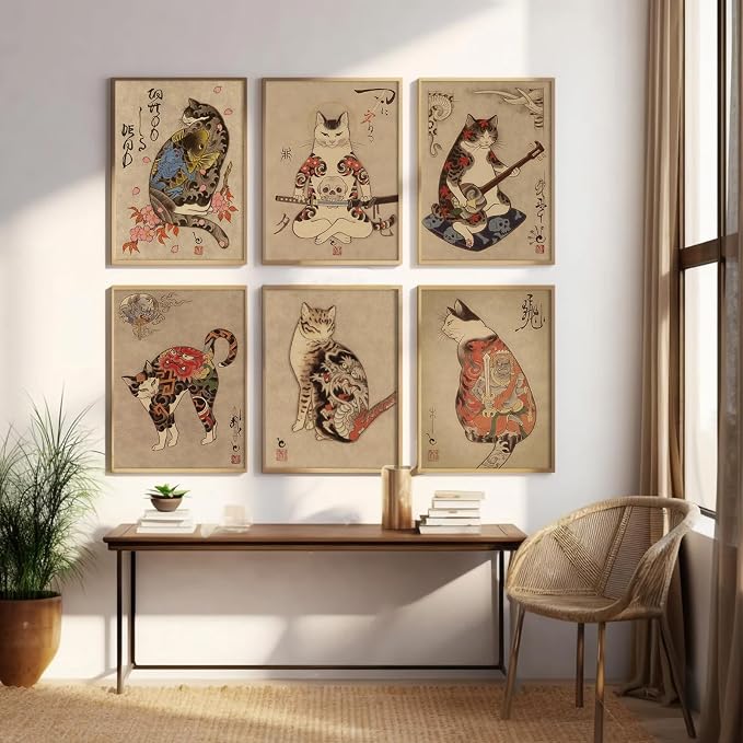 Japanese Cat Wall Art Samurai Cat Canvas Poster Anime Wall Decor Asian Prints Japan Painting Japanese Home Poster Tattoo Fantasy Artwork Funny Pictures for Living Room Bedroom 8x10x6 Inch Unframed