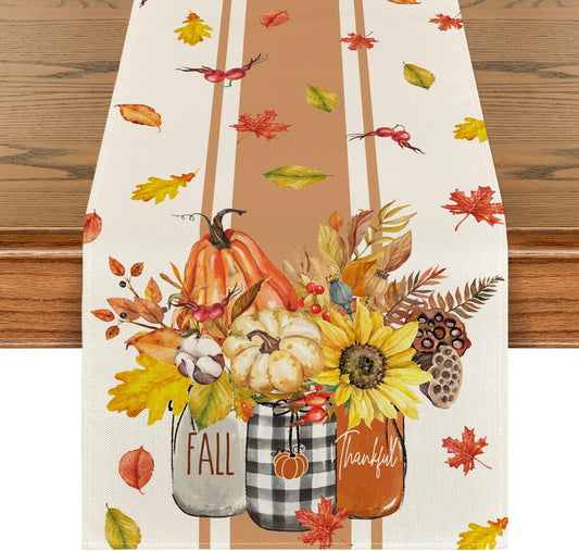 Artoid Mode Thankful Fall Pumpkin Leaves Floral Vases Table Runner, Autumn Thanksgiving Kitchen Dining Table Decoration for Home Party Decor 13x48 Inch