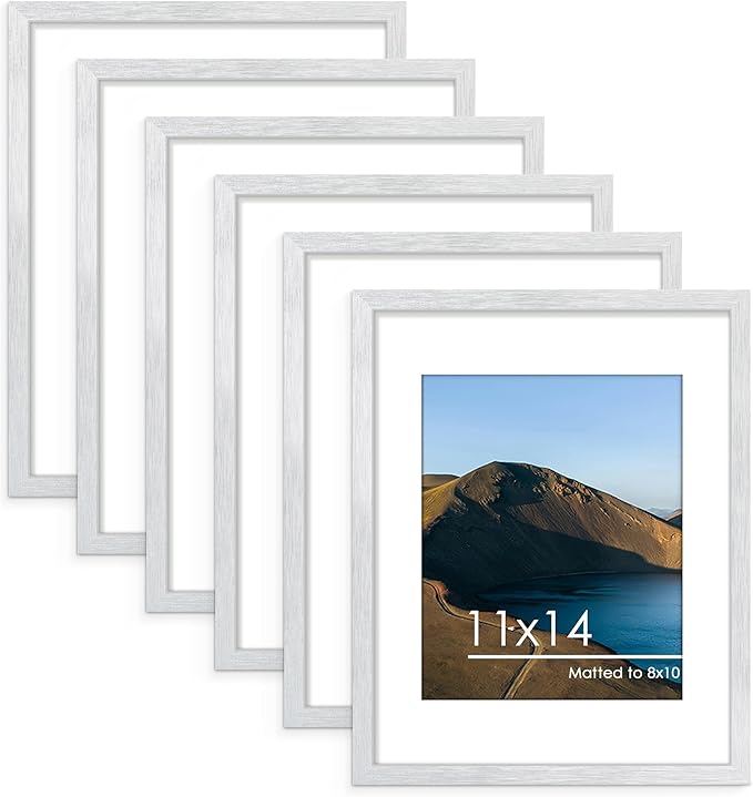 PEALSN 11x14 Picture Frame Set of 6, Display Pictures 8x10 with Mat or 11x14 without Mat for Wall Mounting or Table Top Display, Photo Frames Collage for Wall Decor, Silver