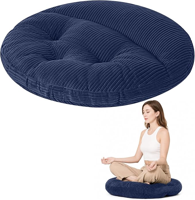 Meditation Cushion, 32 Inch Large Round Floor Pillow, Navy Blue | Soft Tufted Corduroy Meditation Pillow for Adults with Handle for Yoga, Cozy Meditation Mat for Reading and Tatami Seating