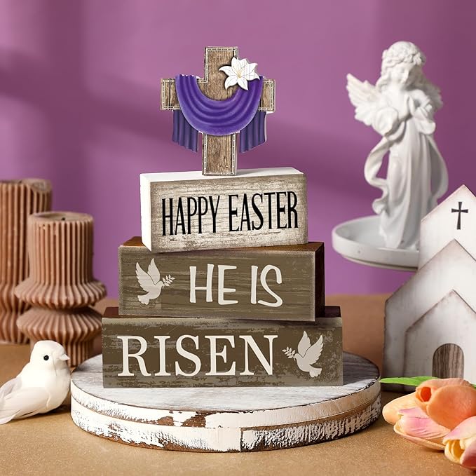 Yuntau 4 Pcs Easter Decorations He Is Risen Wooden Sign Christian Table Centerpiece Religious Cross Tiered Tray Decor Decorative Faux Book Stack Block for Table Fireplace Mantel Floating Shelf