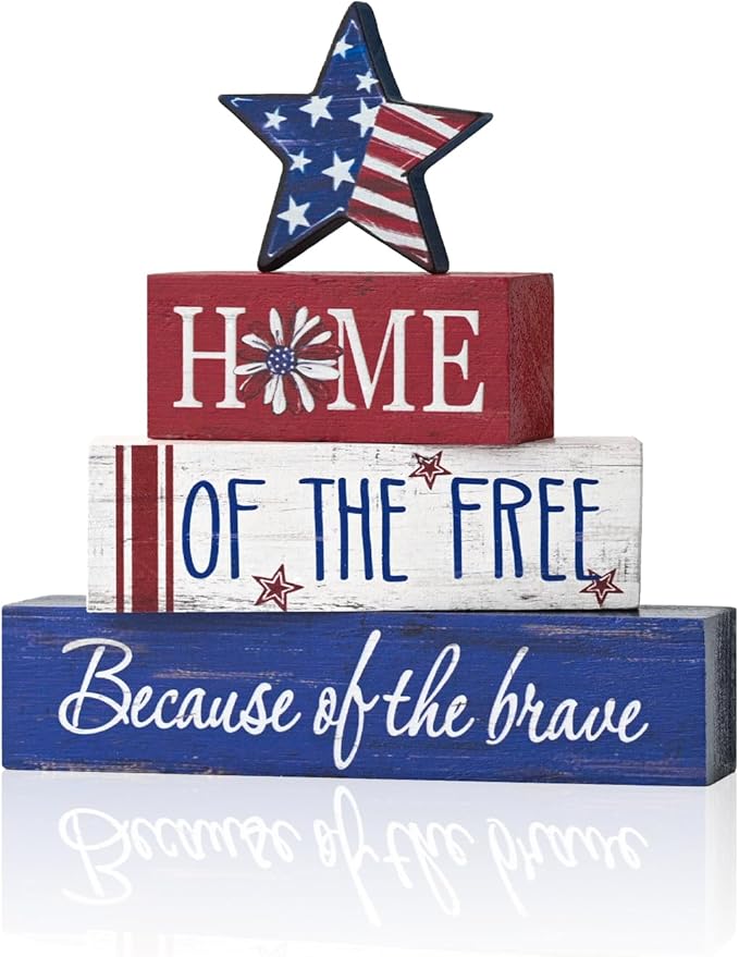 Smile 4 Pcs Veterans Day Patriotic Memorial Day Indoor Wooden Decor, Home of Free Tiered Tray Farmhouse Table Decoration for Home and Office