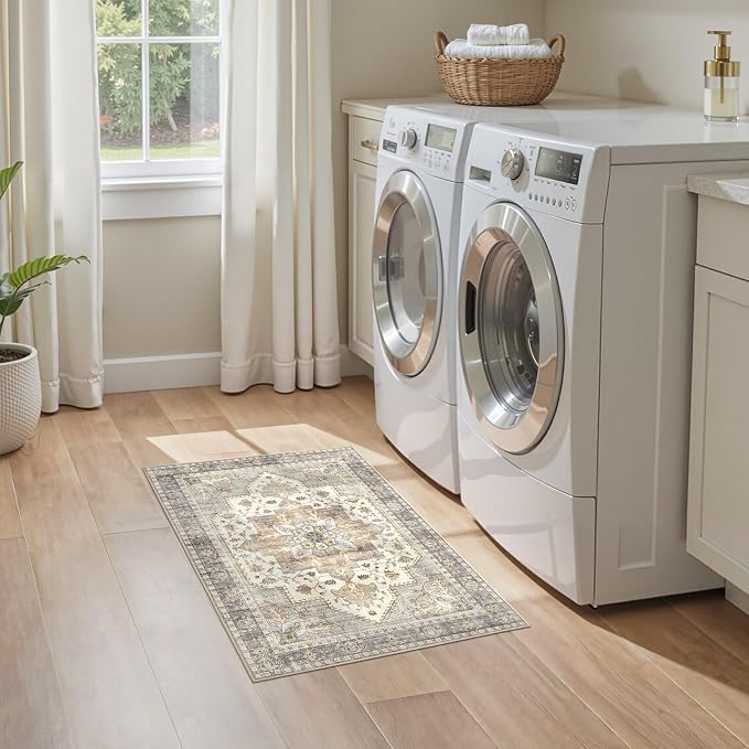 Tortania Area Rug 2x3 Doormat - Washable Vintage Oriental Farmhouse Soft Thin Indoor Carpet for Living Room Bedroom Hallway Entryway Kitchen - Greige