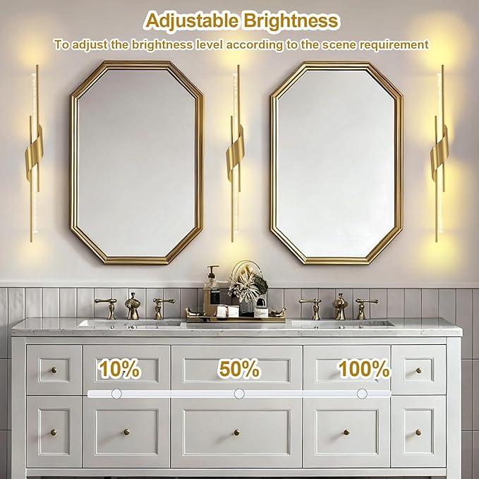 camuucci Battery Operated Wall Sconces Set of Two,Modern Wireless Wall Lights,LED Rechargeable 20000mAh Not Hardwired Remote Control Dimmable Wall Lamp Fixtures for Bedroom Gold 33 Inches