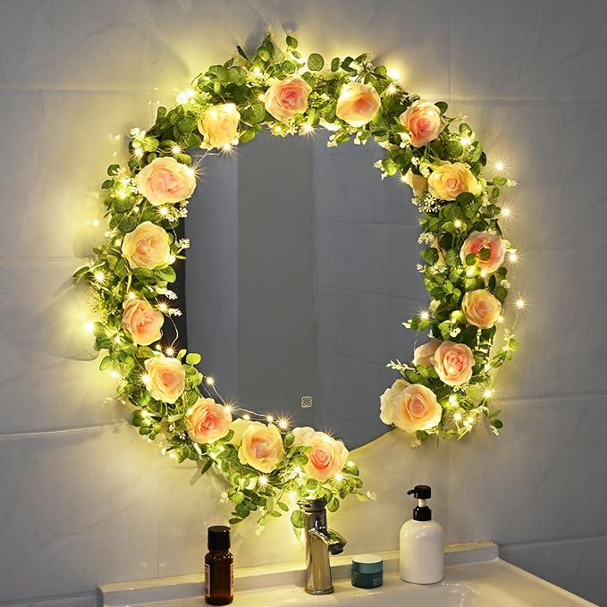 Dolicer 2Pcs Artificial Eucalyptus Garlands with Flowers - 8 Roses, Faux Floral Greenery Garlands Fake Flower Vines for Wedding Table Centerpieces Arch Party Decor (Pink)