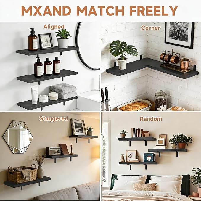 Easy Install Wall Shelves with Bracket,15.7Inch Wall Mounted Wood Floating Wall Shelves,Small Wall Shelves for Storage&Wall Decor, Living Room, Kitchen, Office,Corner Shelf for Bathroom,Set of 3,Black
