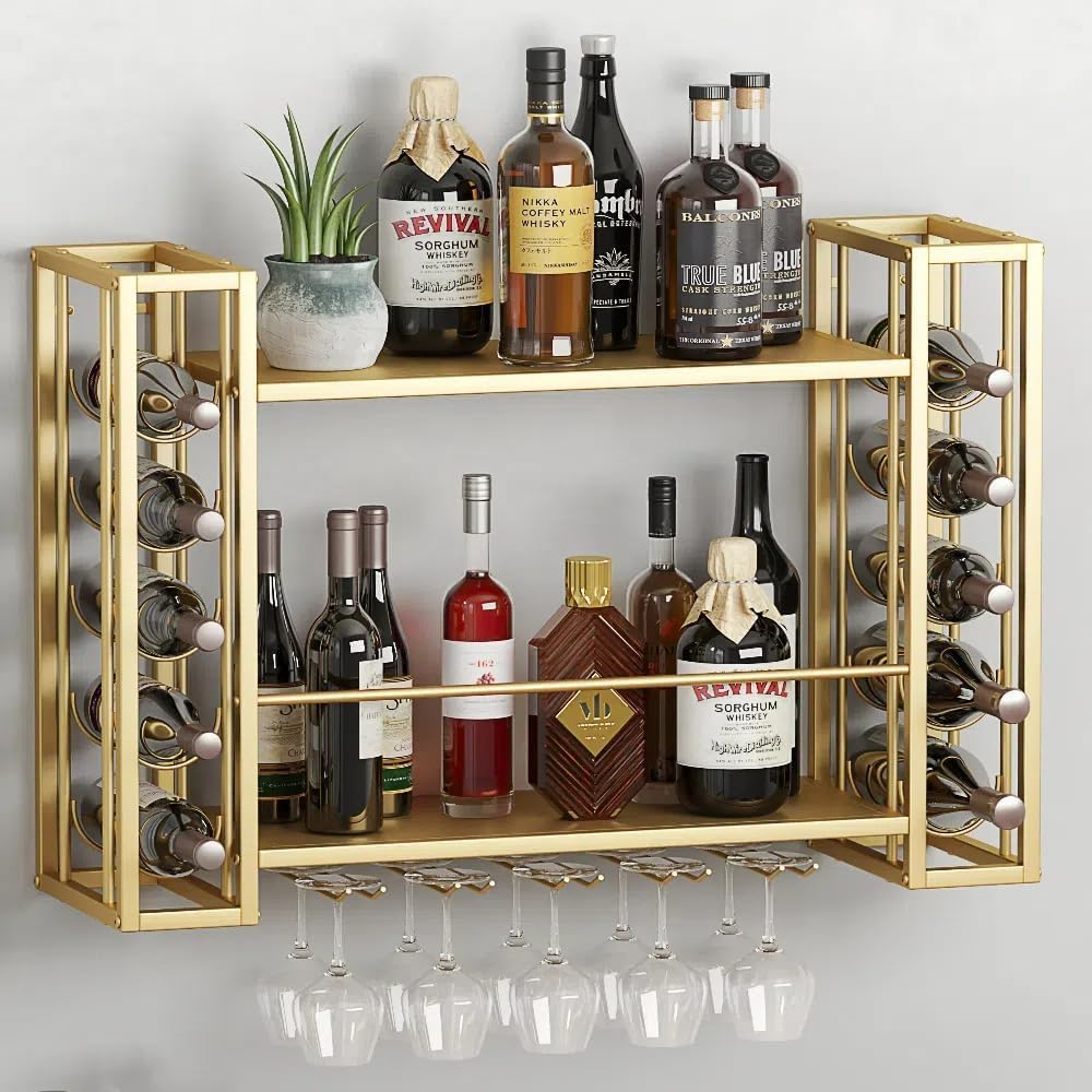 Wall Mounted Wine Rack, Hanging Floating Bar Liquor Shelves with Glass Holder, Metal Bottle Holder Wine Storage Display Shelf for Home Bar, Gold (40”W x 9.8”D x 21.65”H)