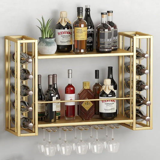 Wall Mounted Wine Rack, Hanging Floating Bar Liquor Shelves with Glass Holder, Metal Bottle Holder Wine Storage Display Shelf for Home Bar, Gold (40”W x 9.8”D x 21.65”H)