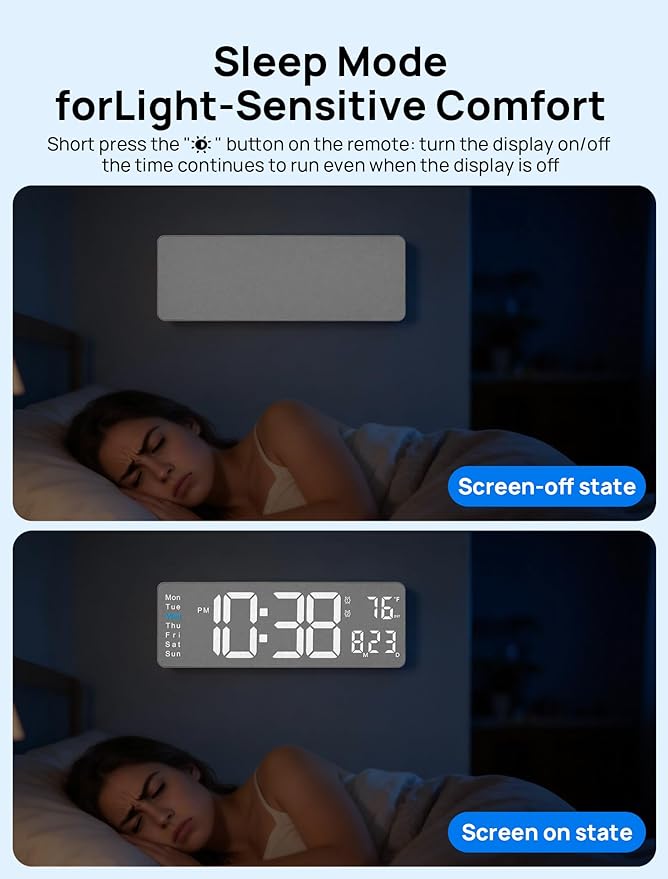 MASHI 2026 Upgrade Digital Wall Clock, 16" Large Display Digital Clock with Remote Control, Auto-Dimming Wall Clock with Night Light, DST, Date Week,Temp for Living Room, Gift for Elderly (Grey)
