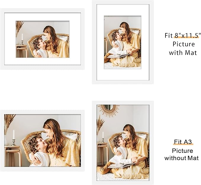 Picrit A3 Picture Frame Set of 12, Display 8.3x11.7 with Mat or 11.7 x 16.5 without Mat, Photo Frames for Wall Mounting Display, White