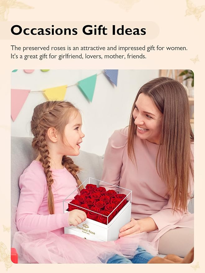 Eterfield Forever Flowers Preserved Roses Real Roses That Last Over a Year Rose Box Gifts for Her Mothers Day Valentines Day Christmas (Square White Box with Drawer, 16 Red Roses)