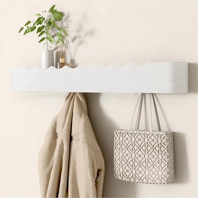 Wall Mounted Coat Rack with Shelf, Wooden Entryway Organizer with Hidden Metal Hooks for Hanging Coats Bags Keys, Modern Floating Shelf for Hallway Bathroom