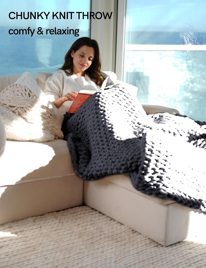 YnM Chunky Throw Blanket, Medium-Weight, Hand Knitted with Chenille Yarn, Skin Friendly, Ventilated and Breathable, Machine Washable, Home Décor Piece for Couch, Sofa and Bed (Lava Grey, 30x40 Inch)