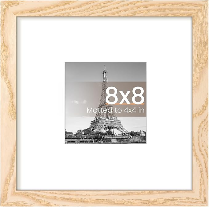 upsimples 8x8 Picture Frame, Display Pictures 4x4 with Mat or 8 x 8 Without, Wall Hanging Photo Frames, Natural, 1 Pack