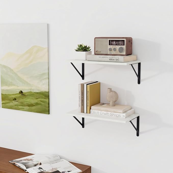 Vivelove White Deep Floating Shelves for Wall, 16W x 8D Wood Wall Shelves Set of 3, Wide Floating Bookshelf for Living Room, Kitchen, Office, Bedroom and Decor Storage, with Black Bracket - White