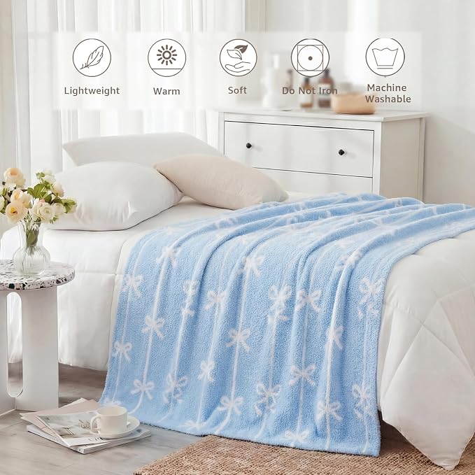 WRENSONGE Soft Throw Blanket for Couch-Cozy Reversible Knitted Blankets | Lightweight Warm Fluffy Decor for Women, Mom, Her & Girls, Sofa, Chair, Bed, 50x60in, Blue Bow