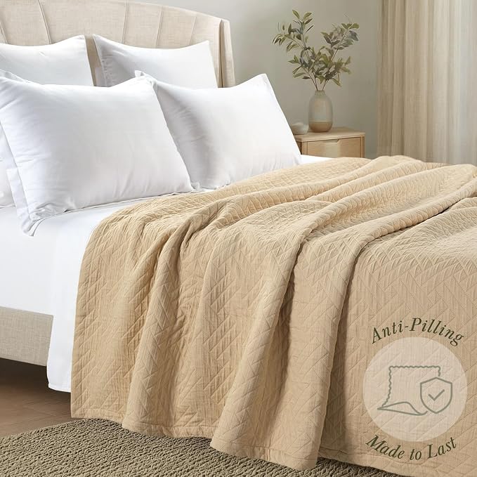Threadmill Luxury Cotton Blankets for Queen Size Bed | All-Season 100% Cotton Queen Size Blanket | Criss Cross Jacquard Cozy Lightweight, Soft Breathable Coverlet fits Full Size Bed, 90x92 | Beige