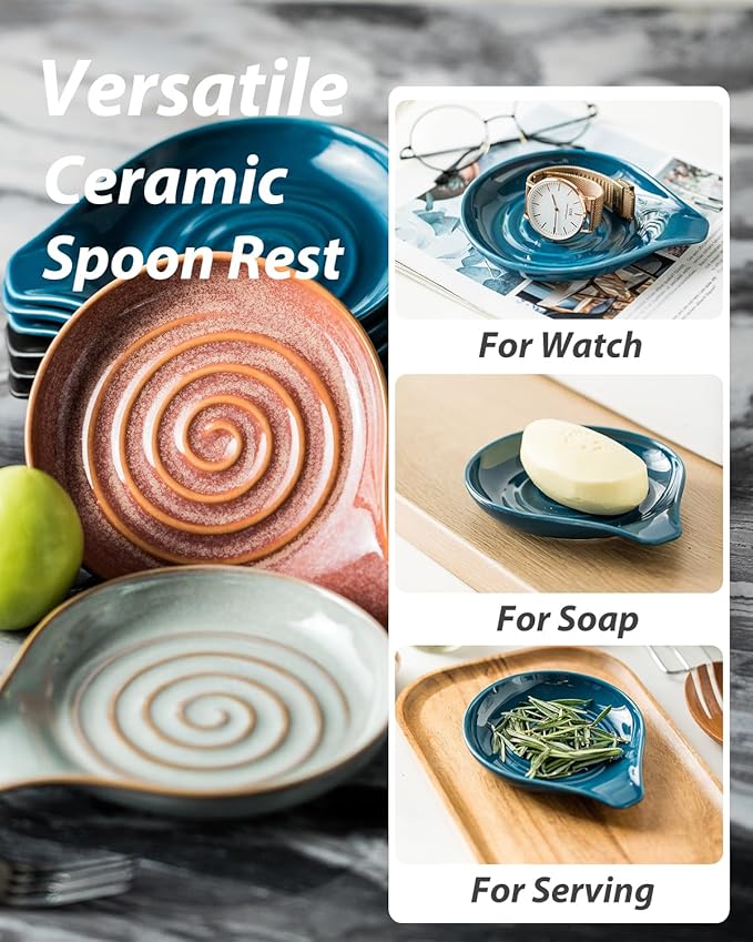 LAUCHUH Spoon Rest, Ceramic Spoon Holder for Stove Top Ladle Holder for Kitchen Countertop Cooking Utensil Rest for Spatula, Tongs, Heat-Resistant Framhouse Decor for Mother's Day, Blue, 5 Inches