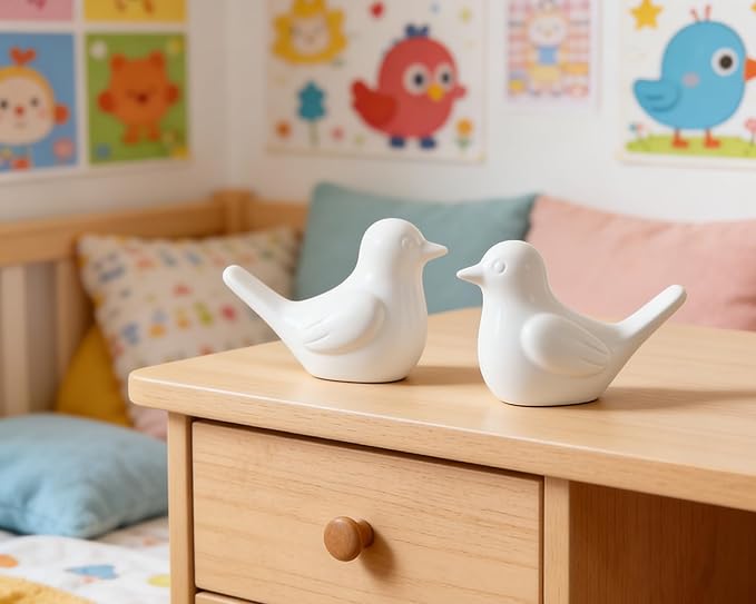 Small White Bird Statue Ceramic 2-Piece Set, 3¾ inch Cute Knick Knack for Home Office Shelf Desk Decor