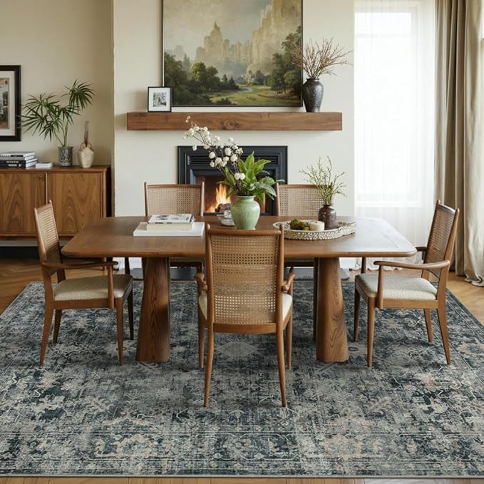 Rugxara 5x7 Area Rugs for Living Room Bedroom, Blue Washable Rug, Vintage Retro Boho Rug, Non Slip & Low Pile Faux Wool Thin Carpet for Indoor Dining Room and Kids Room(Blue 5x7ft)