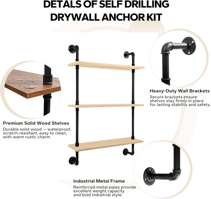 3-Tier Industrial Pipe Floating Shelf – Rustic 24 inch Wood Wall-Mounted Storage Shelf for Kitchen Office,Bathroom & Home Decor -White Oak