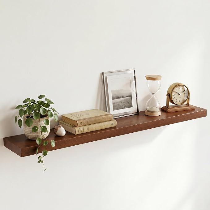 48 inch Floating Shelves for Wall, High End Solid Real Wood Floating Shelf with Heavy Duty Invisible Bracket 48in Long Wooden Wall Shelves for Living Room, Bedroom, Kitchen, Bathroom, Set of 1, Walnut
