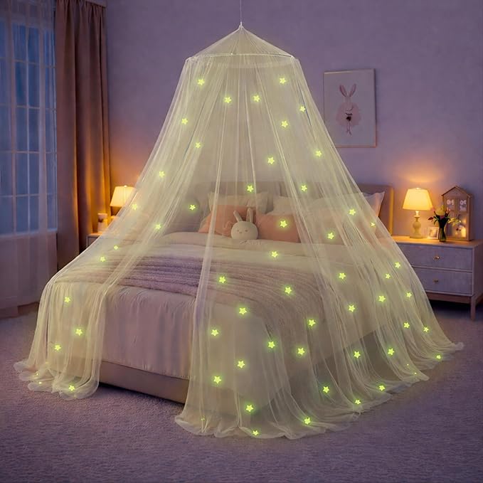 Bollepo Yellow Bed Canopy for Girls with Glowing Stars - Princess Yellow Baby Canopy for Bed, Netting Room Decor, Ceiling Tent, Canopy | Single, Twin, Full, Queen Size Kids Bed