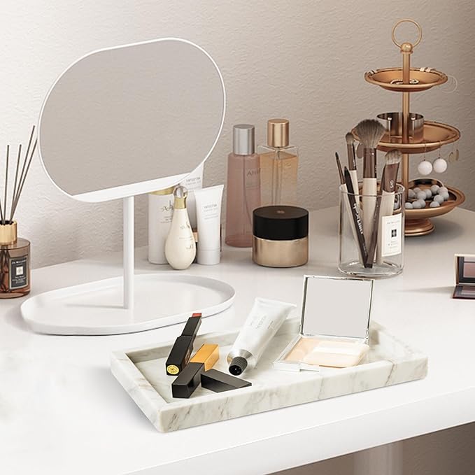 Italy Marble Vanity Tray for Jewelry, Perfume, Makeup, Candle,Towel Natural Modern Decorative Trays for Bathroom Bedroom Dresser Rectangle Kitchen Storage Organizer for Home Decor White (FX031)