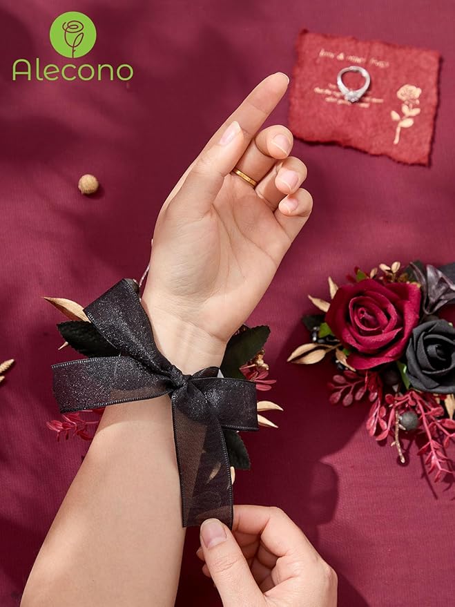 Alecono Set of 2 Wrist Corsage for Wedding, Burgundy and Black Corsages for Bride Bridesmaid, Artificial Flowers for Prom Graduation Ceremony Anniversary